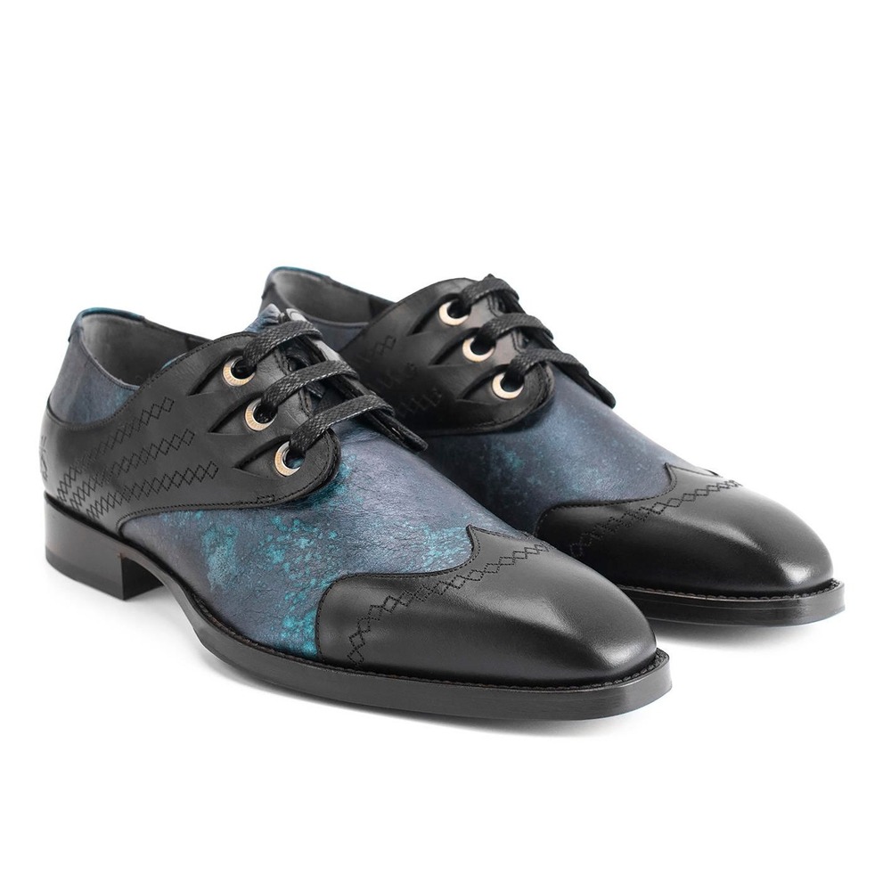 John Fluevog Rufus Magoo Cavalier Scalloped Eyelet Derby Shoes Blue Black Mens 9